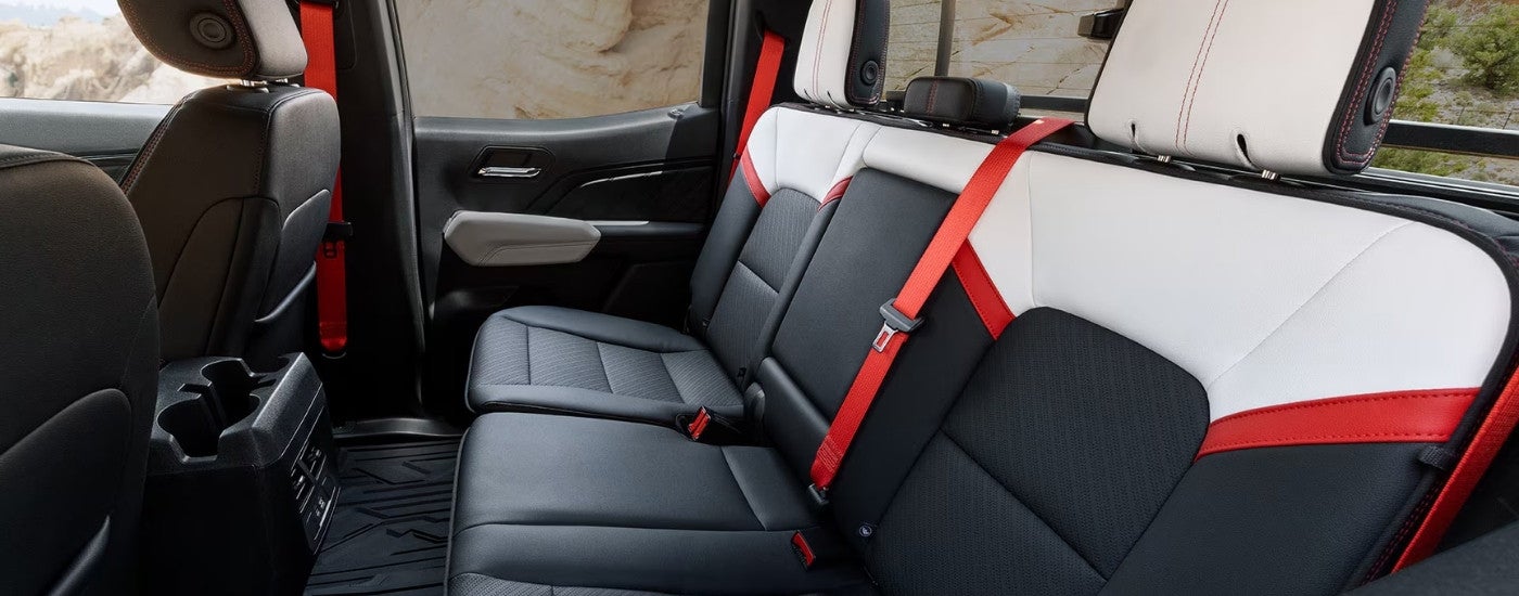 Multi-colored rear seating in a 2026 GMC Canyon.